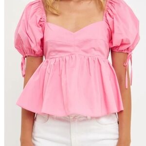 english factory pink textured puff sleeve blouse